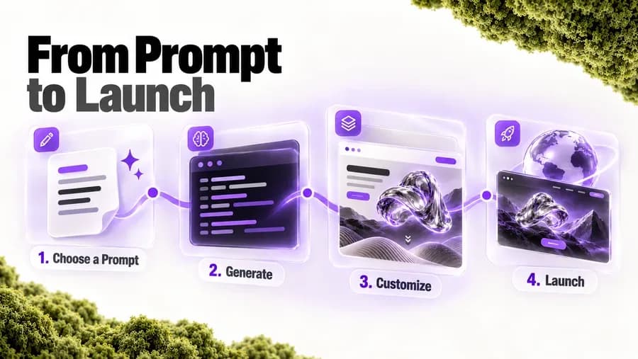From prompt to launch in four steps: choose a prompt, generate the code, customise the 3D scene, then launch the site